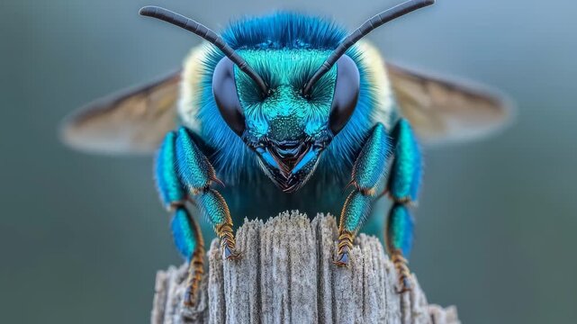 A vibrant blue bee occupies an old wooden post, with its intricate details highlighted by soft natural light. This captivating insect showcases the beauty of nature in a tranquil environment.