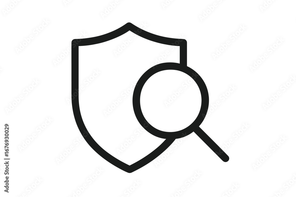 Poster security shield protection magnifying glass icon. minimalist thin line vector. cybersecurity search 