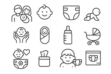 Family and Baby Care Diaper Icons Set. Parent, infant, crawling, swaddling, bottle feeding, pram, wipes, love, potty training, hygiene. Outline symbols for web, app, advertising, cards, vector