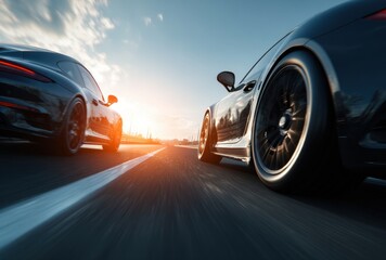 Two sleek sports cars parked on a city street during sunset with dramatic lighting and modern design elements