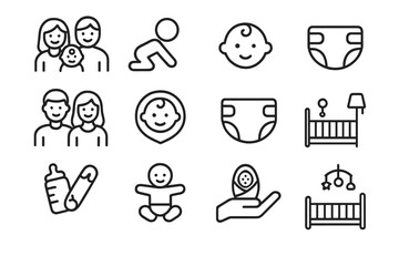 Family and Baby Care Line Icons Collection. Newborn, Infant, Parents, Diapers, Crib, Bottle, Pictograms for Parenting, Nursery, Childbirth, Maternity, Child Safety, Outline Icons for Web and Print