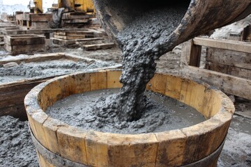 Wet concrete pouring from excavator bucket into wooden barrel at construction site