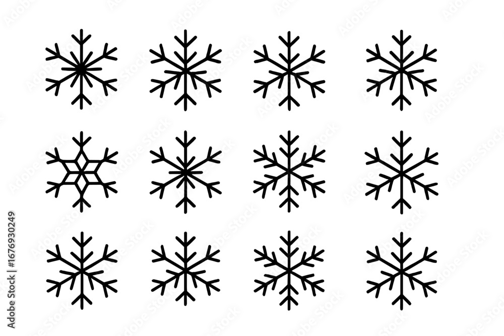 Poster snowflake icon collection. simple isolated line snowflakes. editable stroke vector. minimal winter s
