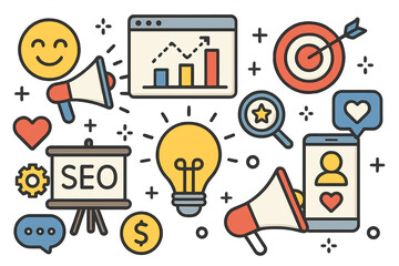 Digital marketing strategy and SEO concept. Social media promotion, advertising, and content creation icon set. Business analytics, audience engagement, and growth vector.