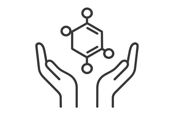 Science protection icon. Caring hands holding benzene molecule. Chemistry safety concept. Minimalistic thin linear outline. Biotechnology, lab, innovation, medical, healthcare vector illustration