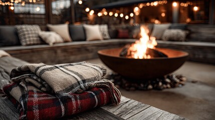 Cozy outdoor seating with crackling fire pit, warm blankets, and ambient string lights perfect for relaxation
