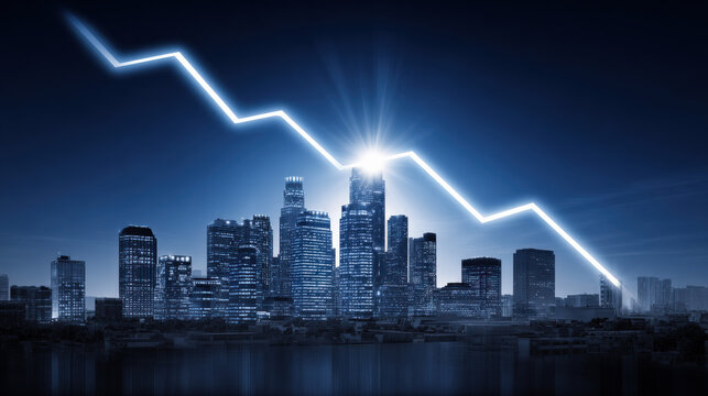 blue downward trend line overshadowing faint city skyline silhouette economic recession visualization illustration concept scene visual for commercial design use high detail quality stock image