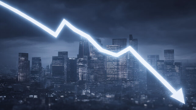 blue downward trend line overshadowing faint city skyline silhouette economic recession visualization illustration concept scene visual for commercial design use high detail quality stock image - Powered by Adobe
