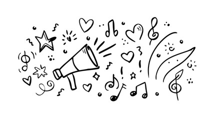 Hand drawn music notes and hearts doodles treble clef