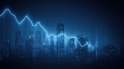 blue downward trend line overshadowing faint city skyline silhouette economic recession visualization illustration concept scene visual for commercial design use high detail quality stock image