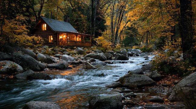 Cozy log cabin glows warmly beside a rushing stream amidst vibrant autumn foliage and forest. - Powered by Adobe
