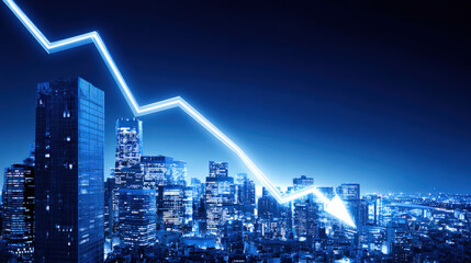blue downward trend line overshadowing faint city skyline silhouette economic recession visualization illustration concept scene visual for commercial design use high detail quality stock image