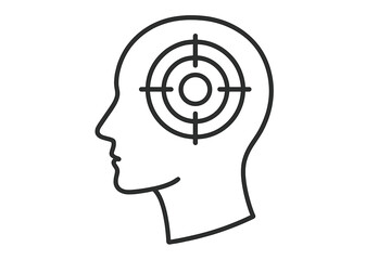 Target in head linear icon. Metaphor for goal, objective, focus, purpose. Psychology, mind strategy, concentration. Mental health, headache, stress. Target audience concept.