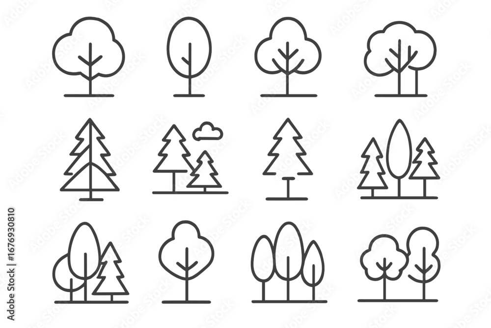 Poster tree and forest line icon set. modern collection for design. vector linear icons of deciduous and co