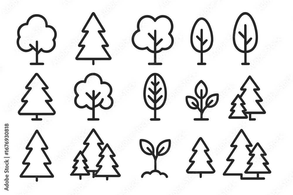 Poster tree and forest line icon set. vector collection of minimal outline symbols for nature, eco, plant, 