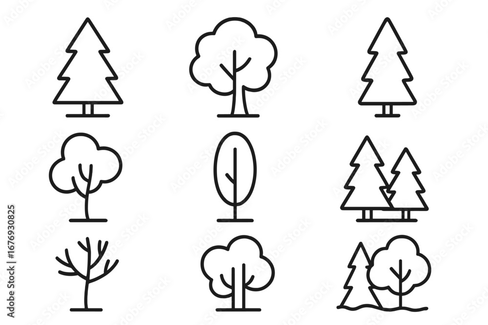 Poster tree and forest line icon set. collection of simple nature symbols for web and app design. vector il