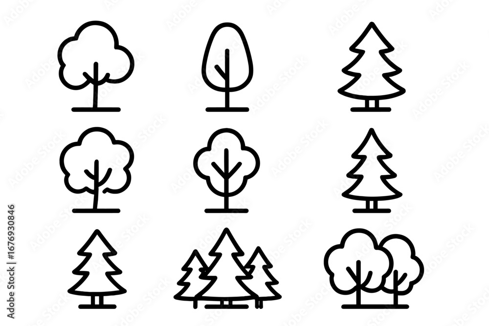 Poster tree and forest line icon collection. minimalist nature symbols for web and app design. vector illus