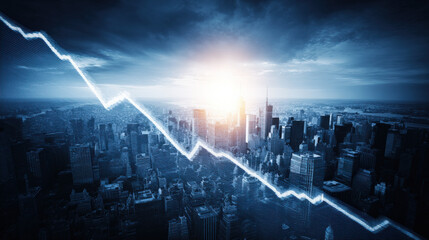 blue downward trend line overshadowing faint city skyline silhouette economic recession visualization illustration concept scene visual for commercial design use high detail quality stock image