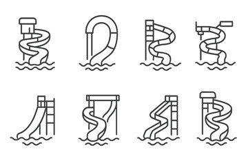 Water slide icon set for aquapark design. Summer vacation and pool fun. Vector line icons of water attractions, flumes, and recreation slides. Editable stroke for web and apps.