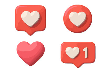 Social media 3D icon set with love heart notifications. Vector illustration of like button, follower counter, and user interface elements for web and mobile applications.