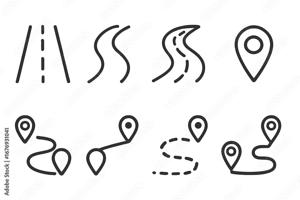 Poster road path navigation line icons pack. abstract route, curved roadway, map pin location symbol set. t