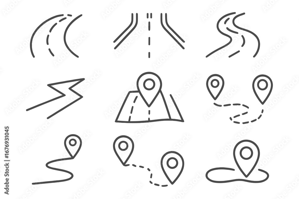 Poster road and path line icon set. curved highway routes, zigzag paths, location map pins, navigation symb