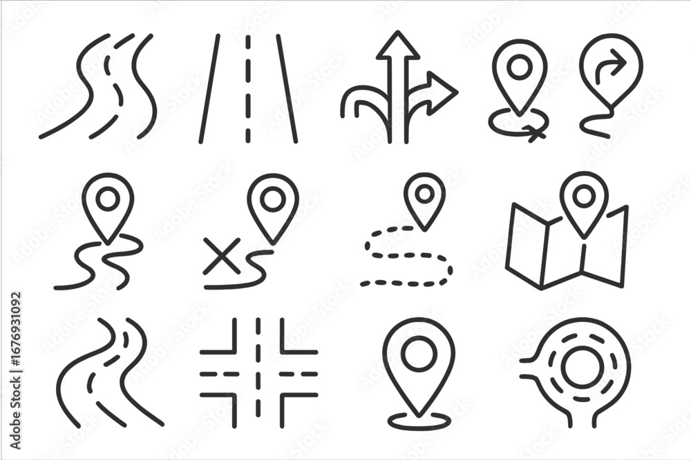 Poster road pathway and map pin navigation thin line icon set. route location direction symbols. wayfinding