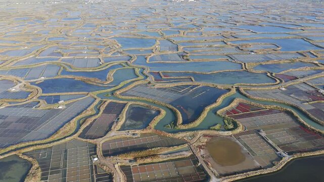 Aerial view of the salt fields of Guerande France at sunset