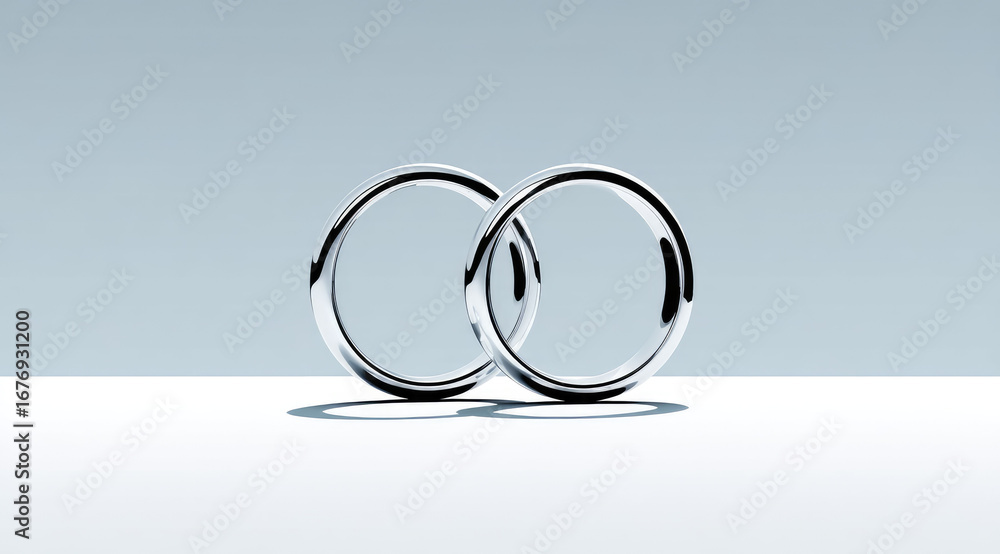 Poster two intersecting silver rings stand on white surface with soft shadow, minimal abstract style, elega
