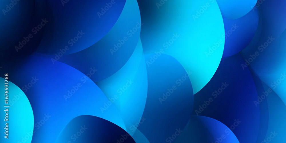 Poster abstract background with overlapping smooth shapes in shades of deep blue and bright cyan.
