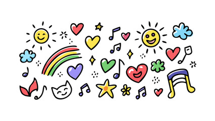 Happy doodle icons with rainbow and music notes hand drawn