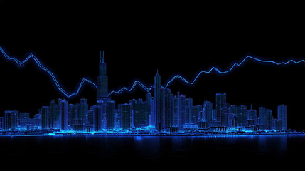 blue downward trend line overshadowing faint city skyline silhouette economic recession visualization illustration concept scene visual for commercial design use high detail quality stock image