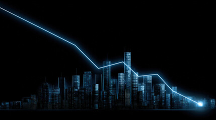 blue downward trend line overshadowing faint city skyline silhouette economic recession visualization illustration concept scene visual for commercial design use high detail quality stock image