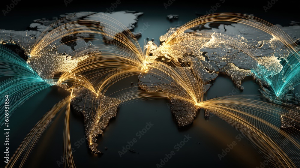 Poster complex map visualization, intricate network of lines representing connections and pathways