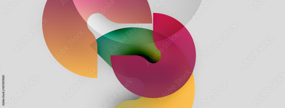 Poster abstract colorful shapes overlap, creating dynamic composition. soft gradients suggest depth, light 