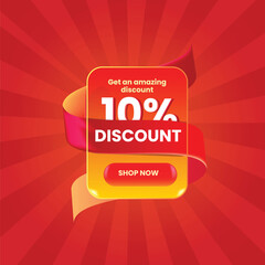Modern 10% discount promotional banner template with bold typography, ribbon decoration, and bright red gradient background. Perfect for sales, special offers, online shopping, marketing campaigns.
