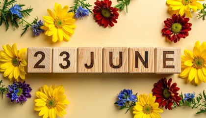 Wooden Blocks with Date 23 June. Floral Calendar – Vibrant Flowers on Solid Colored Background