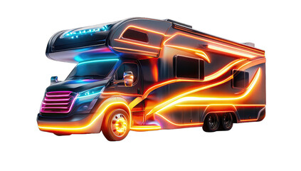 Futuristic camper van, illuminated with vibrant neon lights