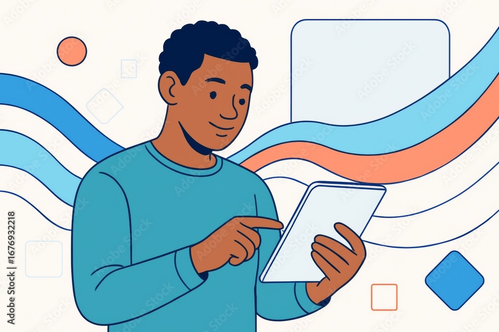 Aufkleber smiling man using digital tablet with abstract colorful wave lines and light geometric shapes in bac