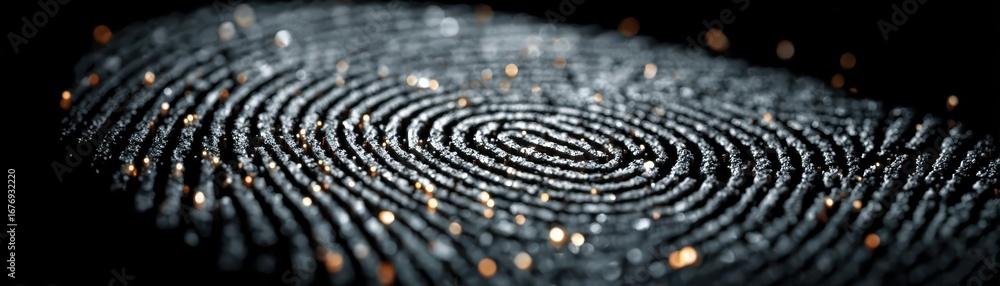 Poster closeup of fingerprint with intricate spiral pattern, biometric security and identification