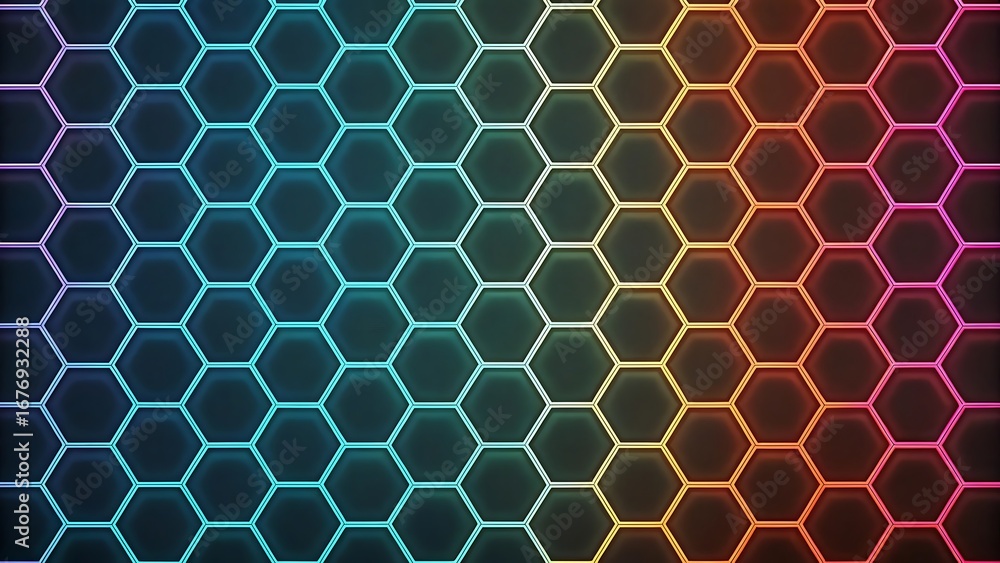 Poster abstract geometric hexagon pattern with neon gradient light effects for modern backgrounds and futur