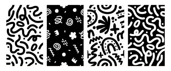 Set of trendy Memphis geometric patterns. Modern basic shapes arrow, triangle, circle, zigzag, spiral, wavy lines. Cool abstract background, retrostyle. Cute kid doodle design