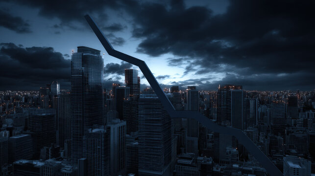 blue downward trend line overshadowing faint city skyline silhouette economic recession visualization illustration concept scene visual for commercial design use high detail quality stock image