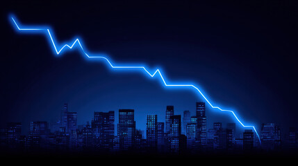blue downward trend line overshadowing faint city skyline silhouette economic recession visualization illustration concept scene visual for commercial design use high detail quality stock image