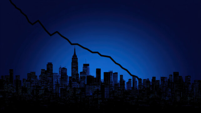 blue downward trend line overshadowing faint city skyline silhouette economic recession visualization illustration concept scene visual for commercial design use high detail quality stock image