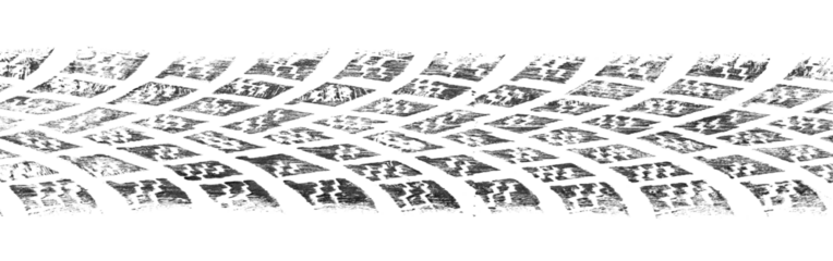 black traces of tractor tires on white background.