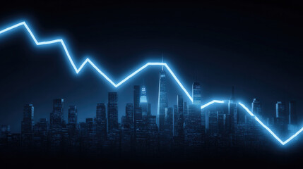 blue downward trend line overshadowing faint city skyline silhouette economic recession visualization illustration concept scene visual for commercial design use high detail quality stock image