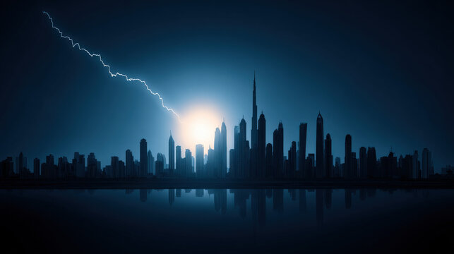 blue downward trend line overshadowing faint city skyline silhouette economic recession visualization illustration concept scene visual for commercial design use high detail quality stock image - Powered by Adobe