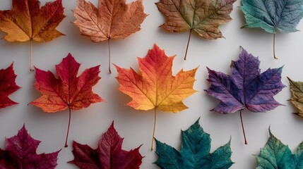 Vibrant autumn maple leaves display stunning spectrum of fall colors on clean white background