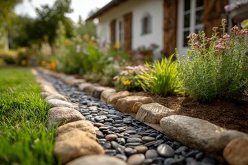 Obraz premium Decorative river rock landscaping bordering lush flower bed by house creates effective drainage system